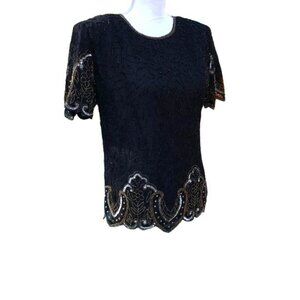Laurence Kazar Silk Blouse Size PP Vintage Black Gold Beaded Lined Shoulder Pads